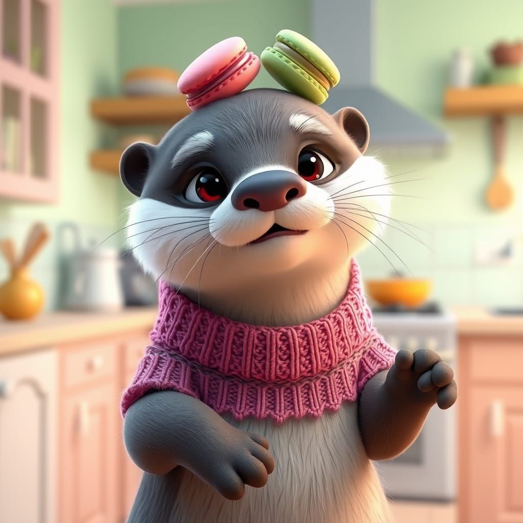Playful Otter Balances Macarons in Pixar Style