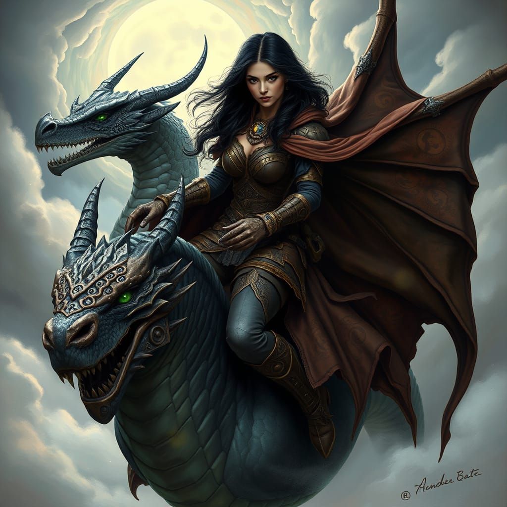 Dark Fantasy Warrior Witch Rides Dragon in Epic High-Fantasy...