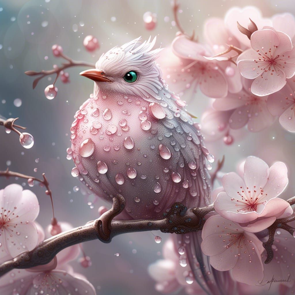 Dew-Kissed Bird on Cherry Blossom Branch