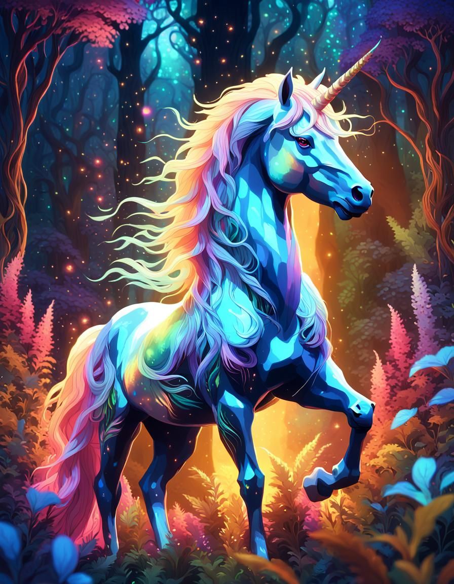 Bioluminescent Unicorn in Neon Jungle, Digital Art