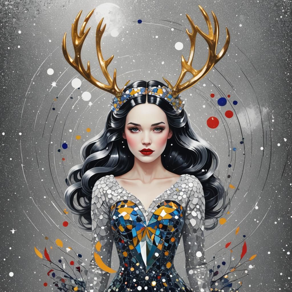 Snow White Space Mermaid with Silver Antlers