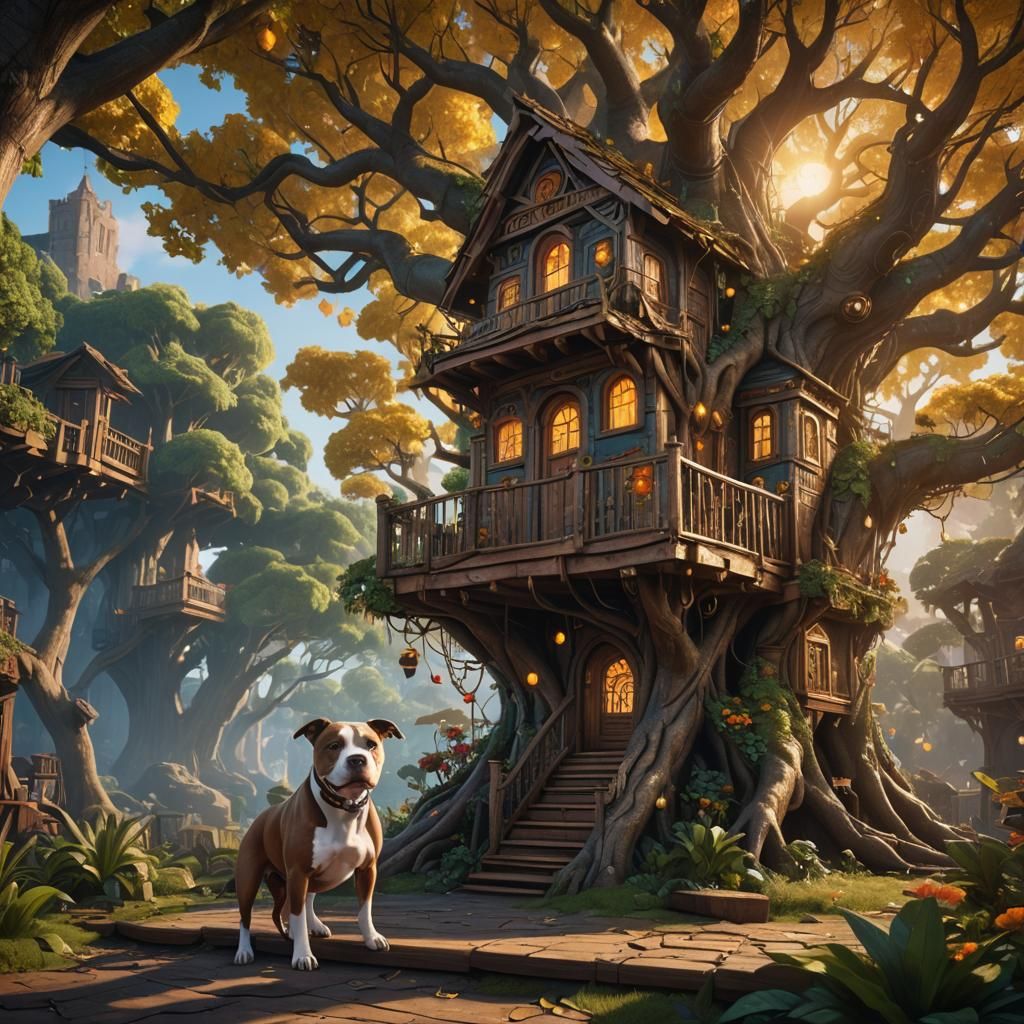 Pitbull in Treehouse: Detailed Matte Painting