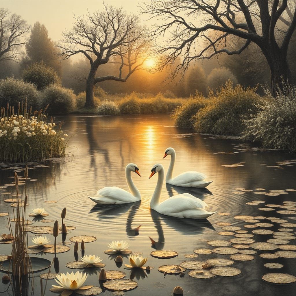 Idyllic Pond with Swans in Charcoal Drawing