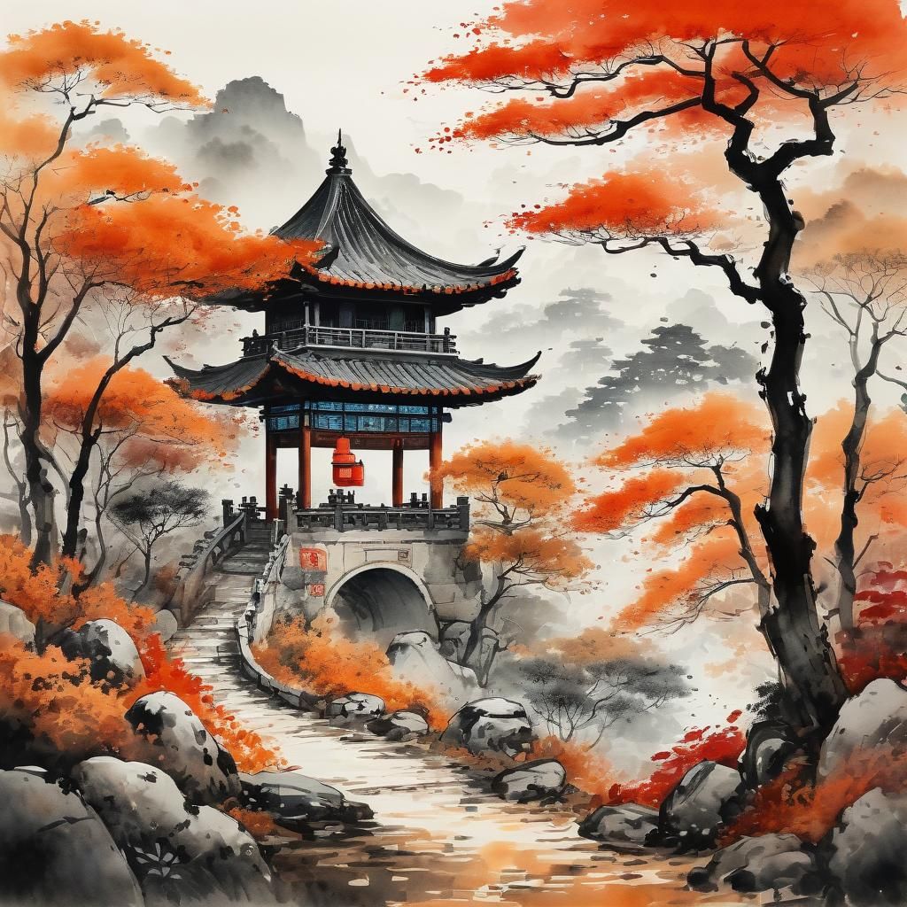 Capybaras in Autumn Forest: Chinese Ink Painting