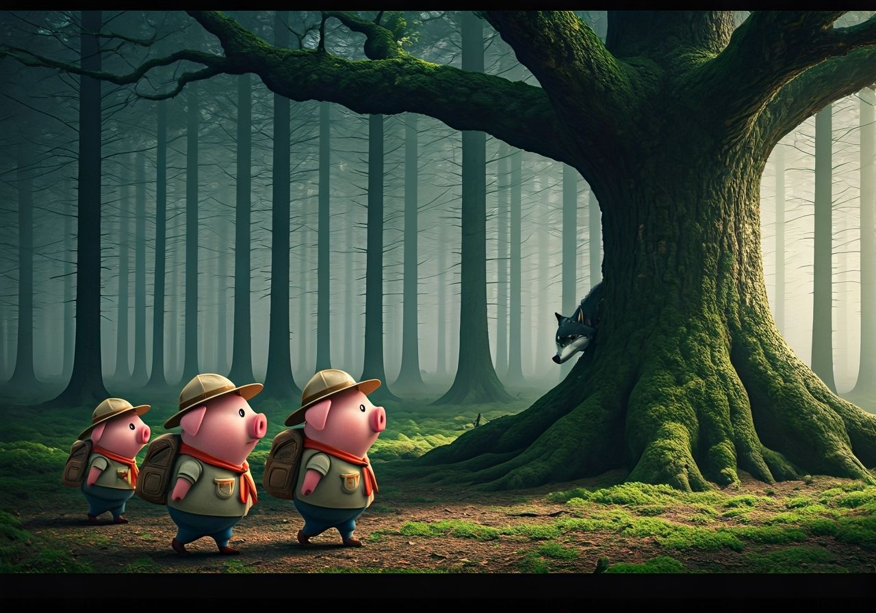 Pigs Hiking in Misty Forest, Pixar Style