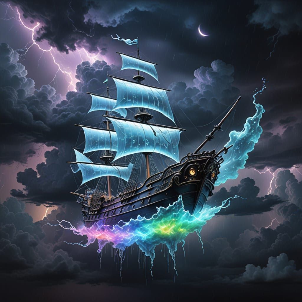 Iridescent Liquid Metal Ship in Holographic Storm