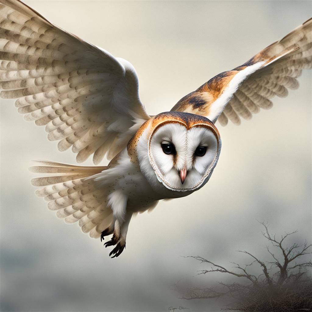 Spectral Barn Owl in Flight: Dark Fantasy Art