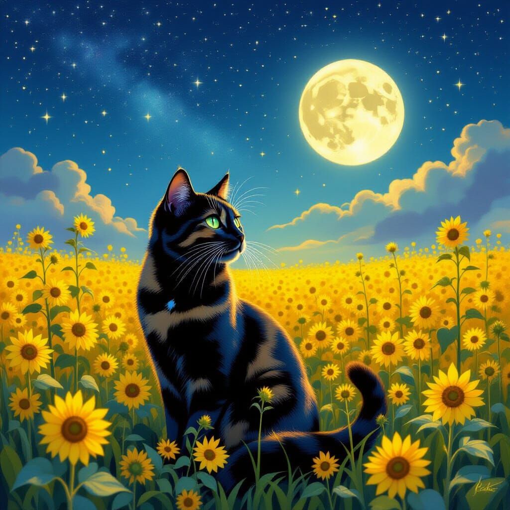Tortoiseshell Cat Under Moonlight in Starry Canola Field