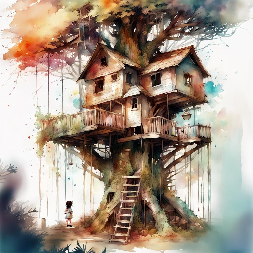 Chibi Kids Building Treehouse Watercolor Illustration