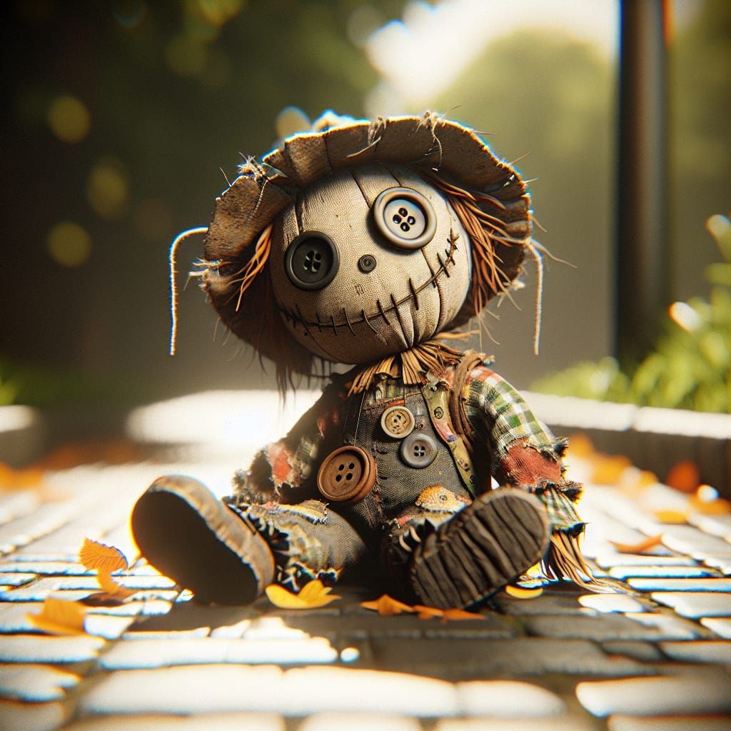 Cinematic Close-up of Charming Scarecrow with Button Eyes an...