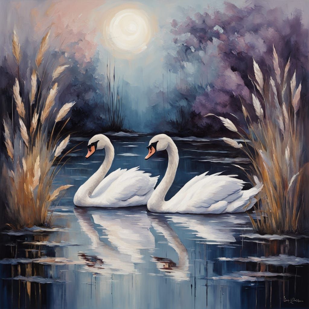 Swans in Lake: Surreal Oil Painting with Decay Textures