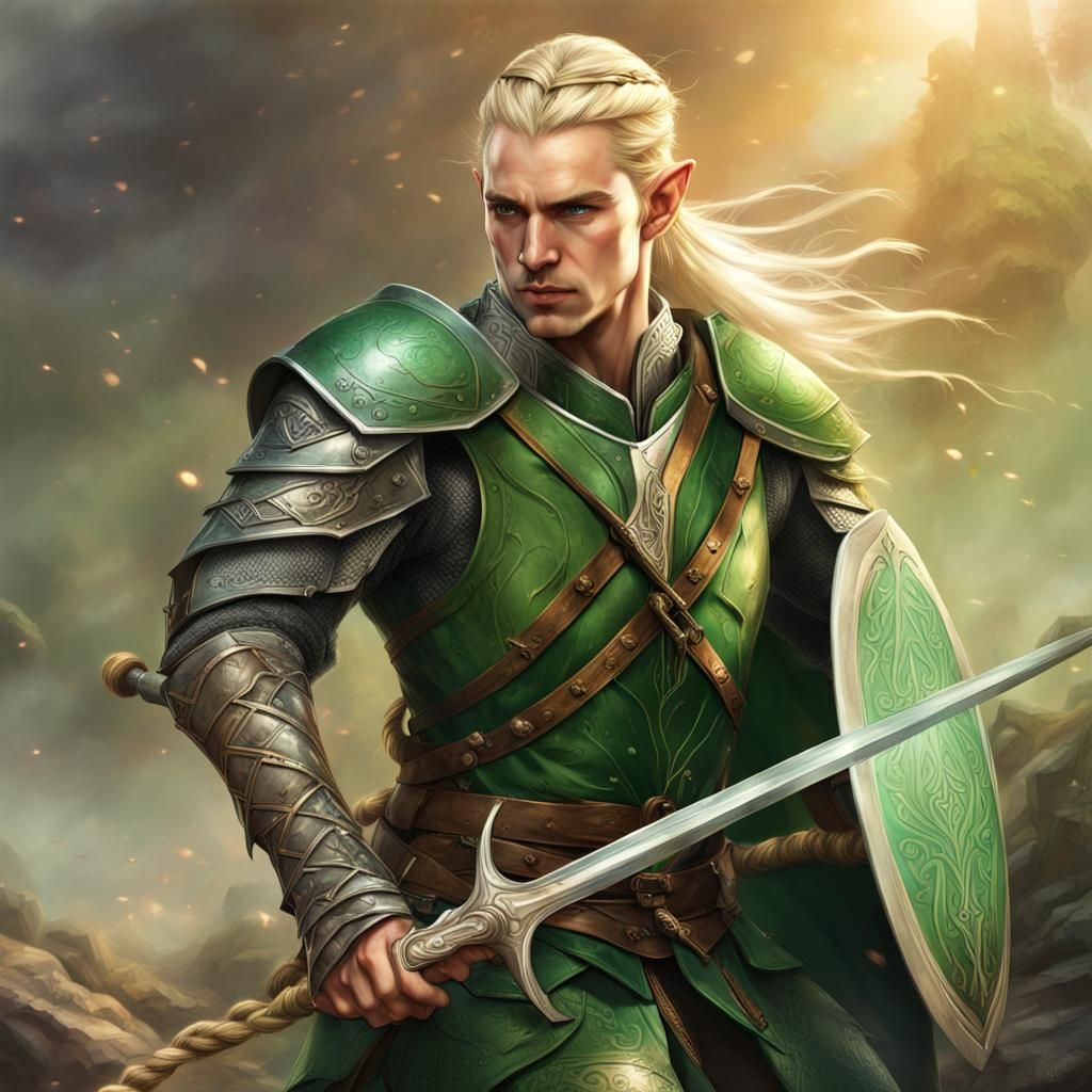 Elven Warrior in Green Armor with Rapier