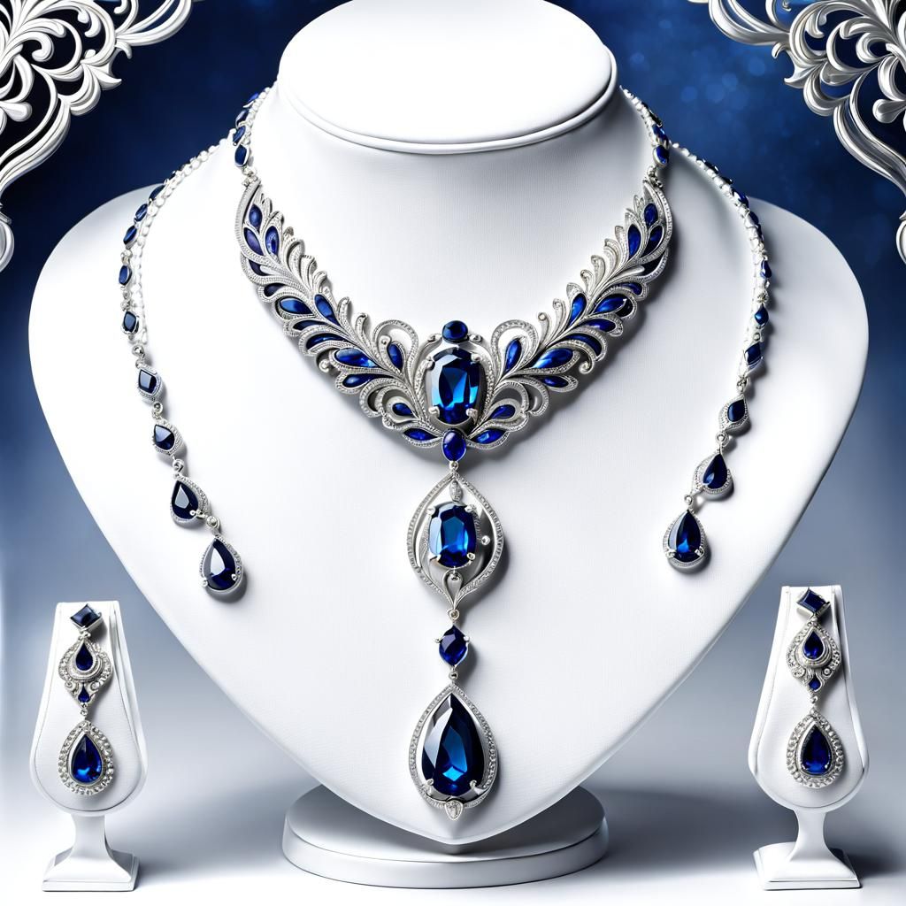 Magnificent Sapphire and Silver Necklace in Ornate Display