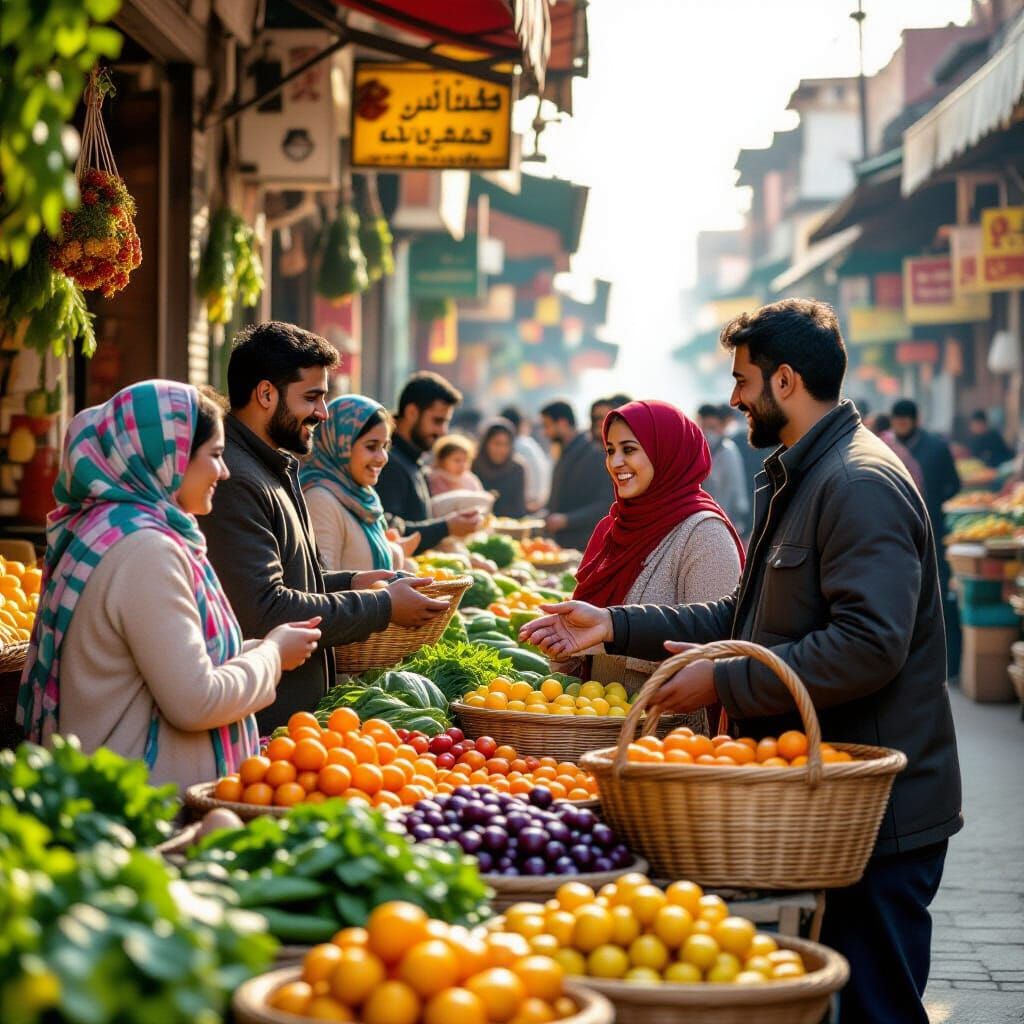 Bandar-e-Gaz Market Scene: Families Buying Fresh Produce