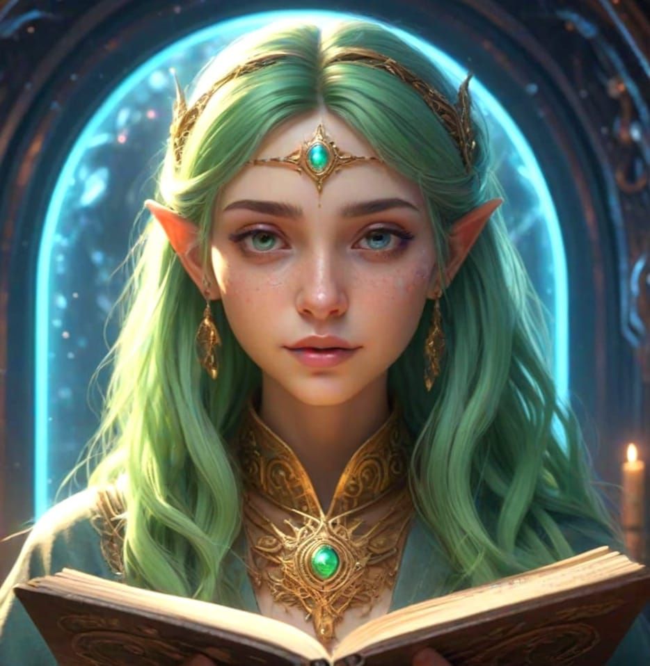 Futuristic Elf Child Reads Cosmic Symbols in Golden Light