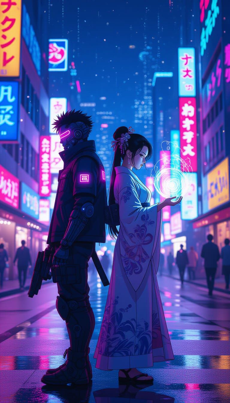 Cyberpunk Warrior and Sorceress in Neon 90s Anime City