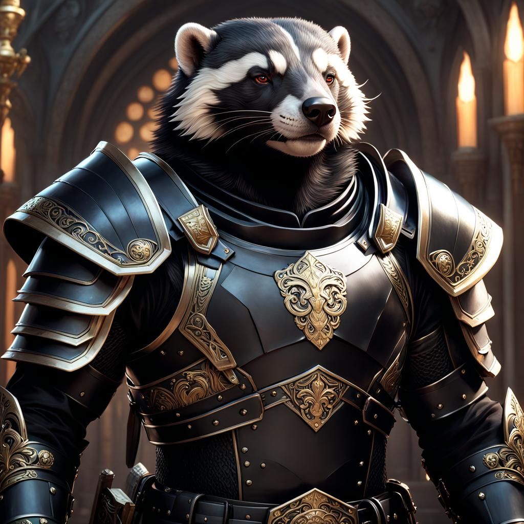 Male anthropomorphic Honey badger standing ready for action wearing ornate black full plate armor with knives sheathed o...