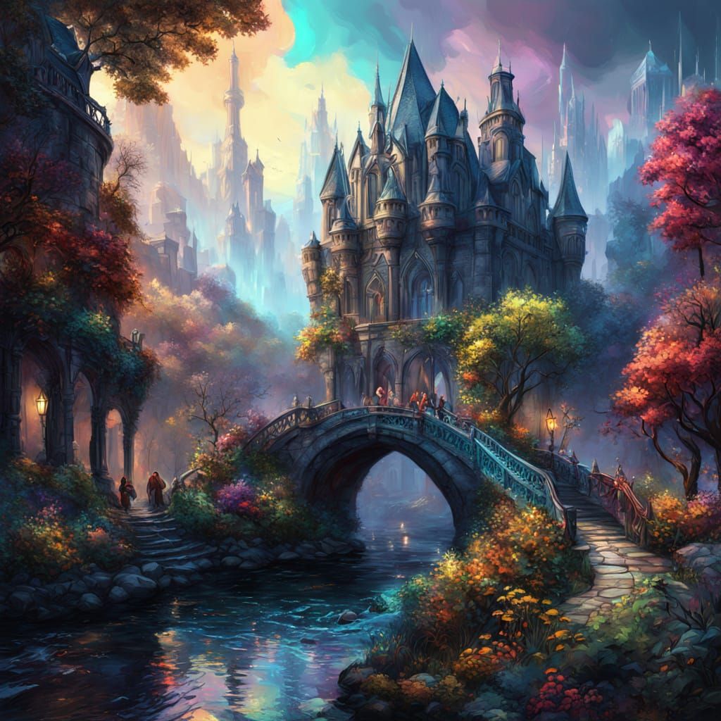 Mysterious Fantasy Bridge in Gouache Style