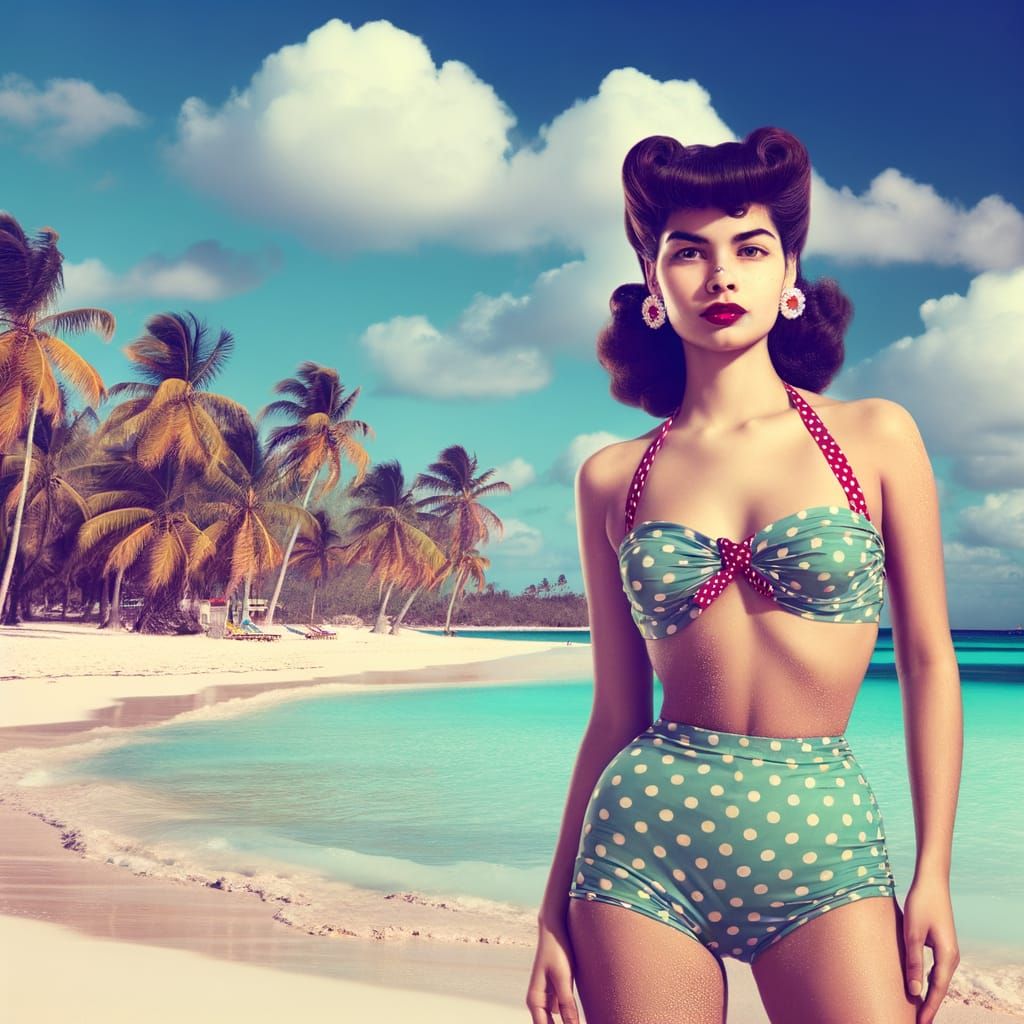 1950s Woman in Bikini on Tropical Beach