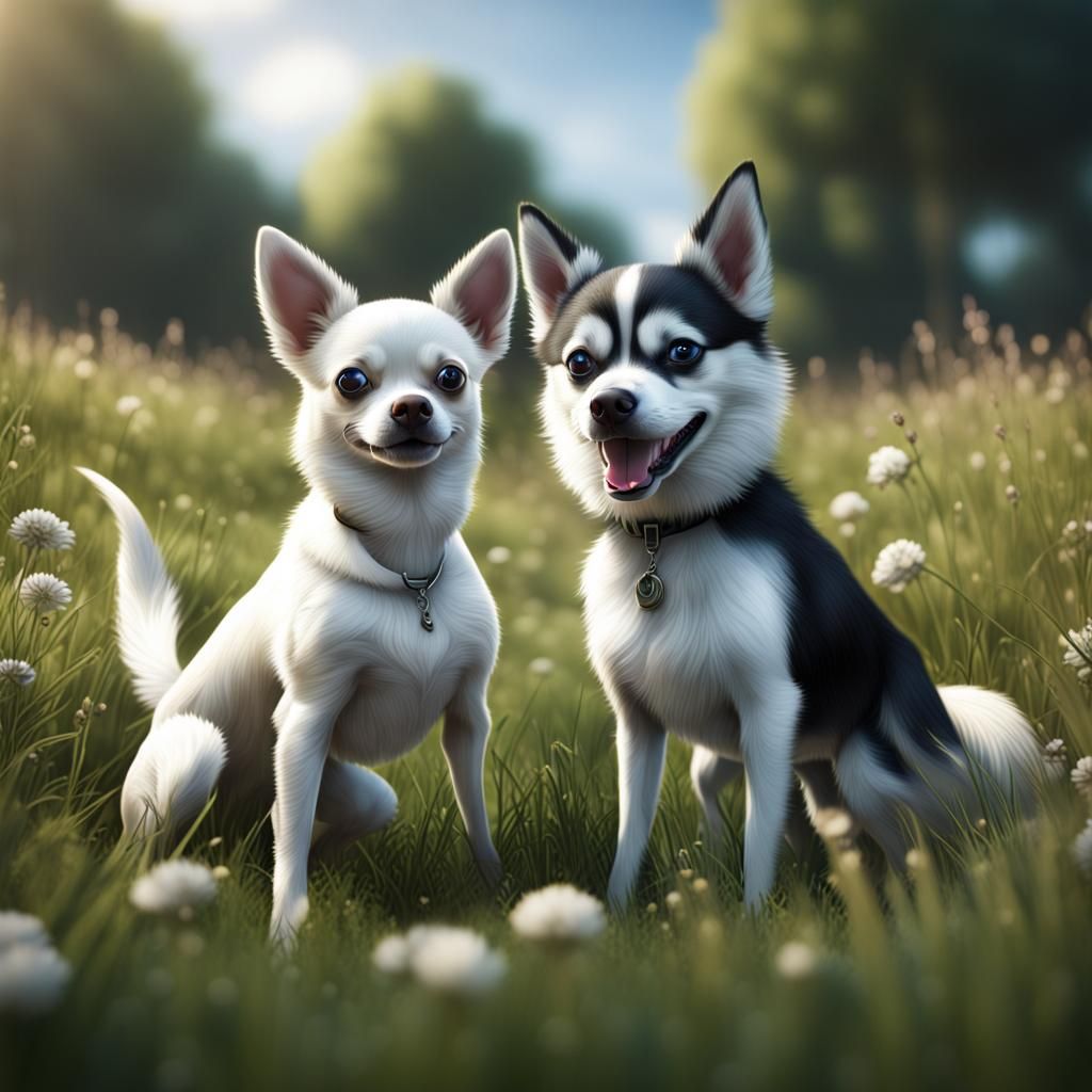 Chihuahua and Husky Play in Grassy Field