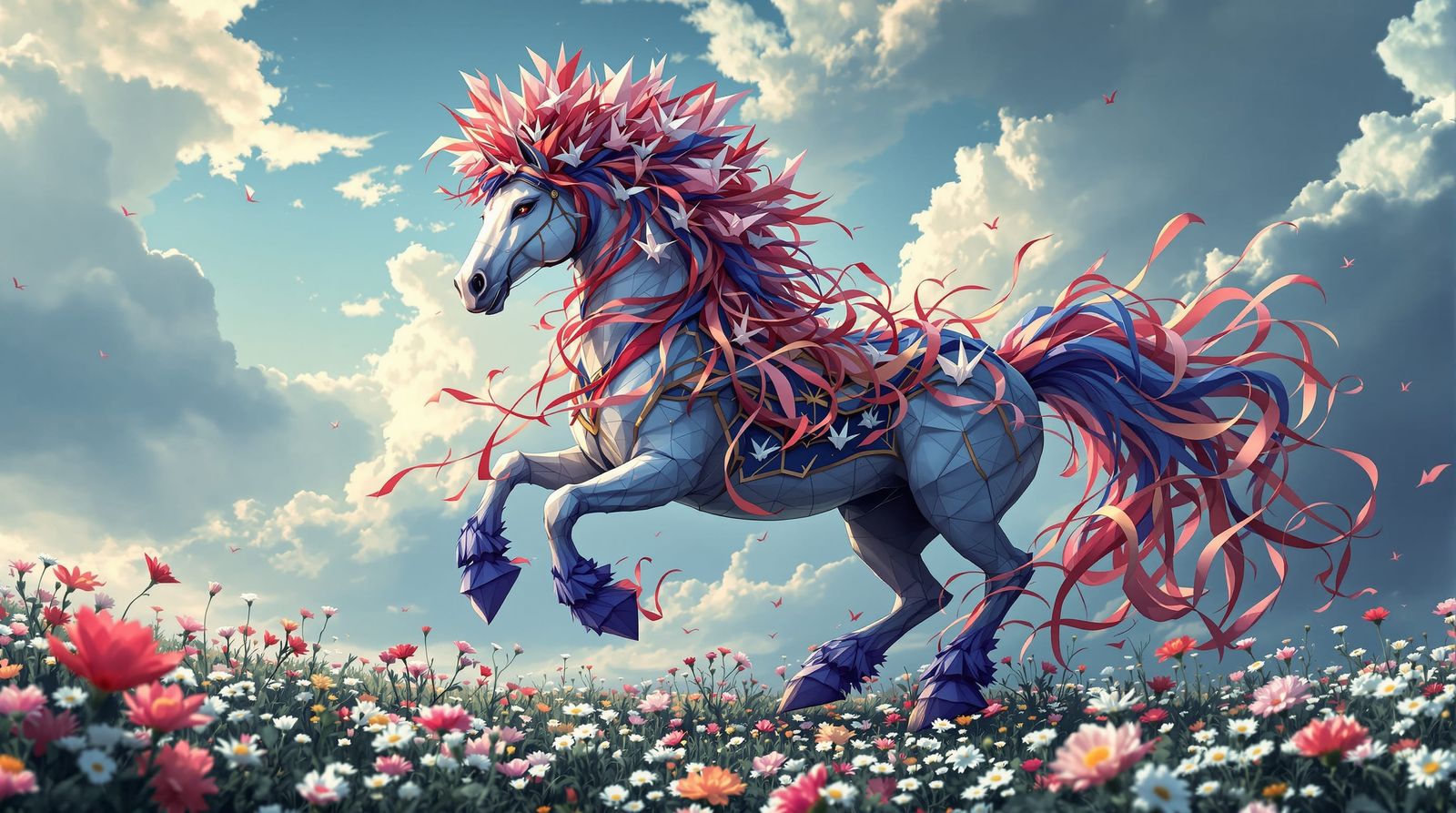 Majestic Horse with Silk Ribbon Mane and Origami Hat