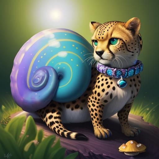 Cute Cheetah Snail on Mushroom in Lisa Frank Style
