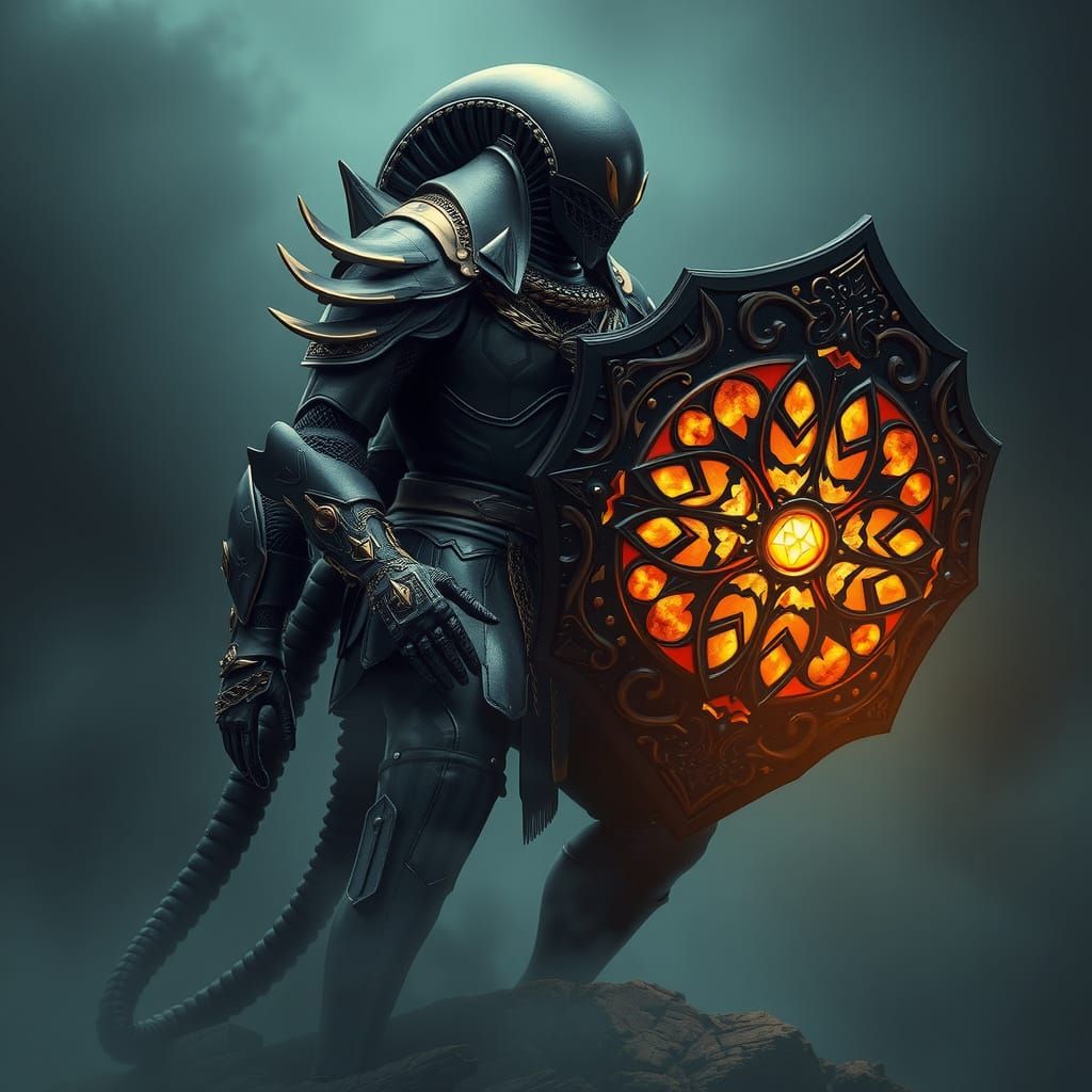 Medieval Xenomorph Knight in Dark, Mystical Armor