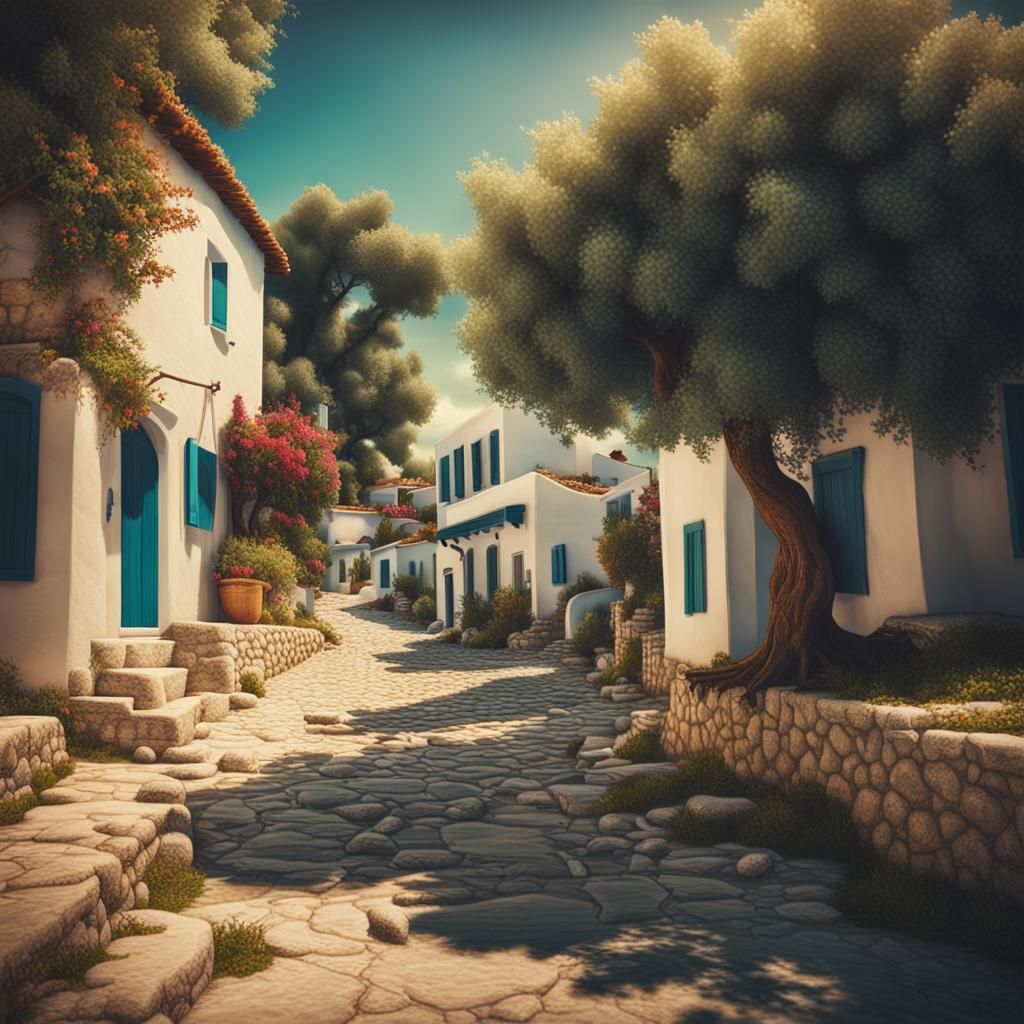 Picturesque Greek Village by the Sea: Photorealistic Film St...
