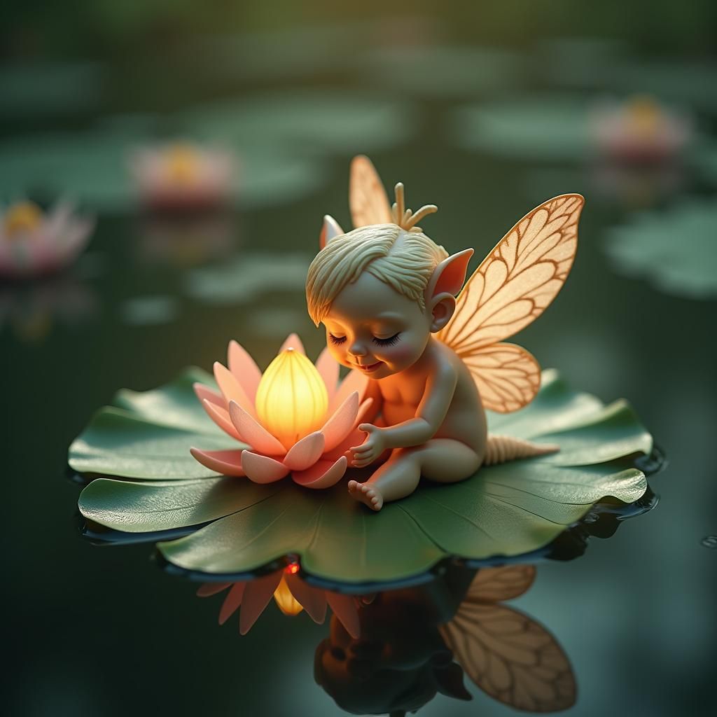 Cute Fairy with Flower Lamp on Lotus Leaf