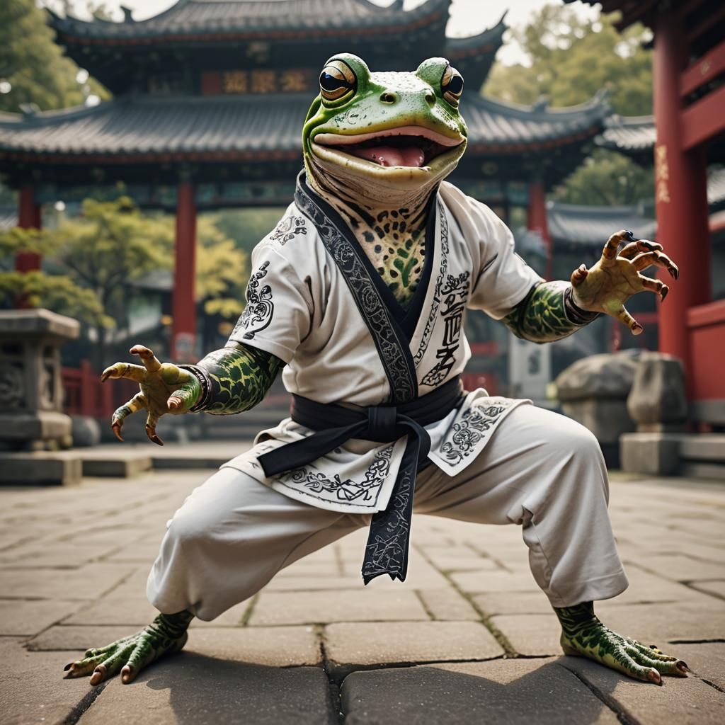An Angry White Kanji Tattooed frog in a Kung Fu outfit weari...