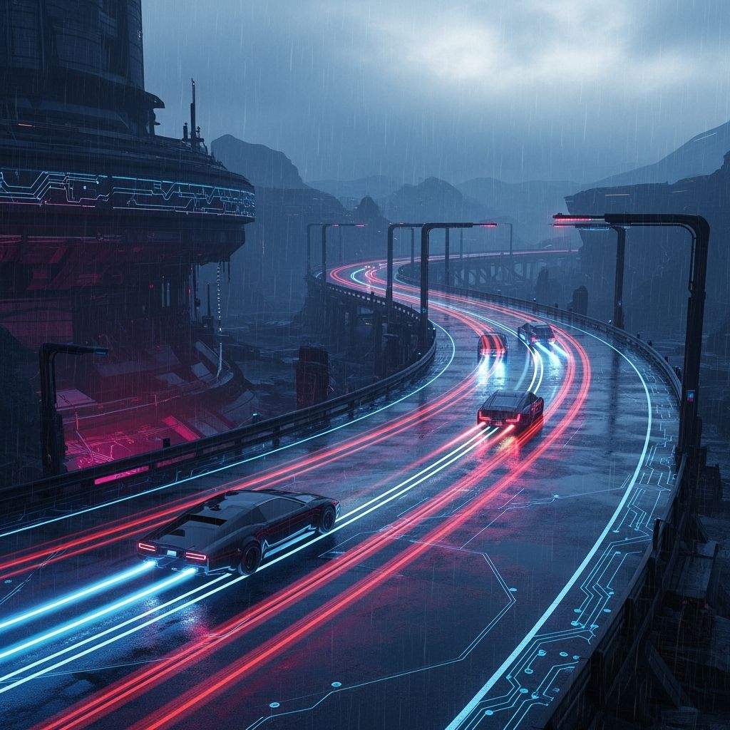 Cyberpunk Road Through Rain-Drenched Wasteland