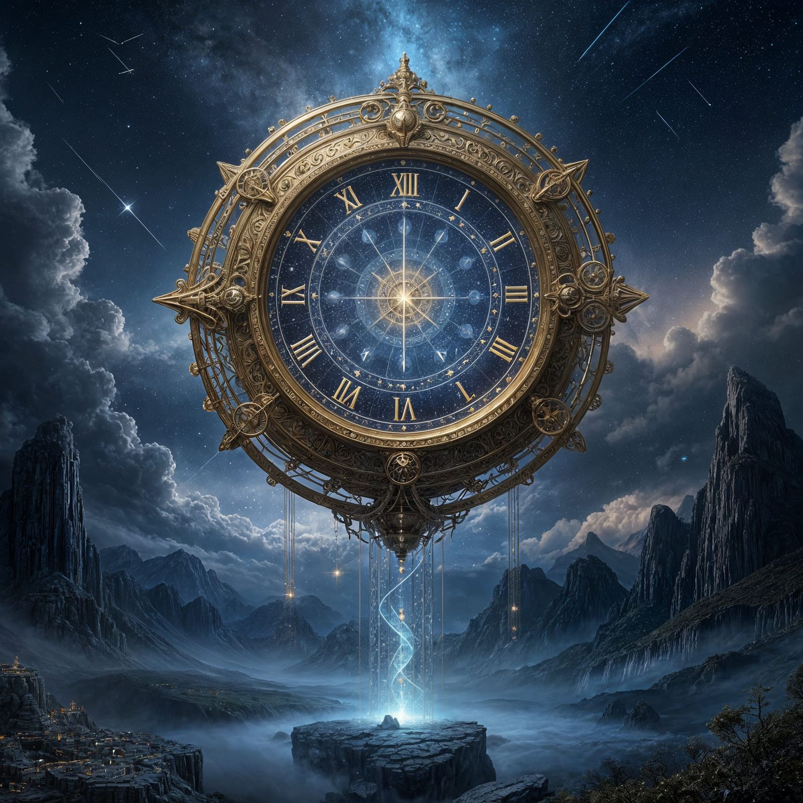 Celestial Timepiece Floating Above Misty Landscape