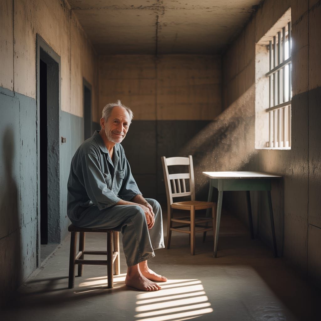 Elderly Man's Peaceful Contentment in Prison Cell