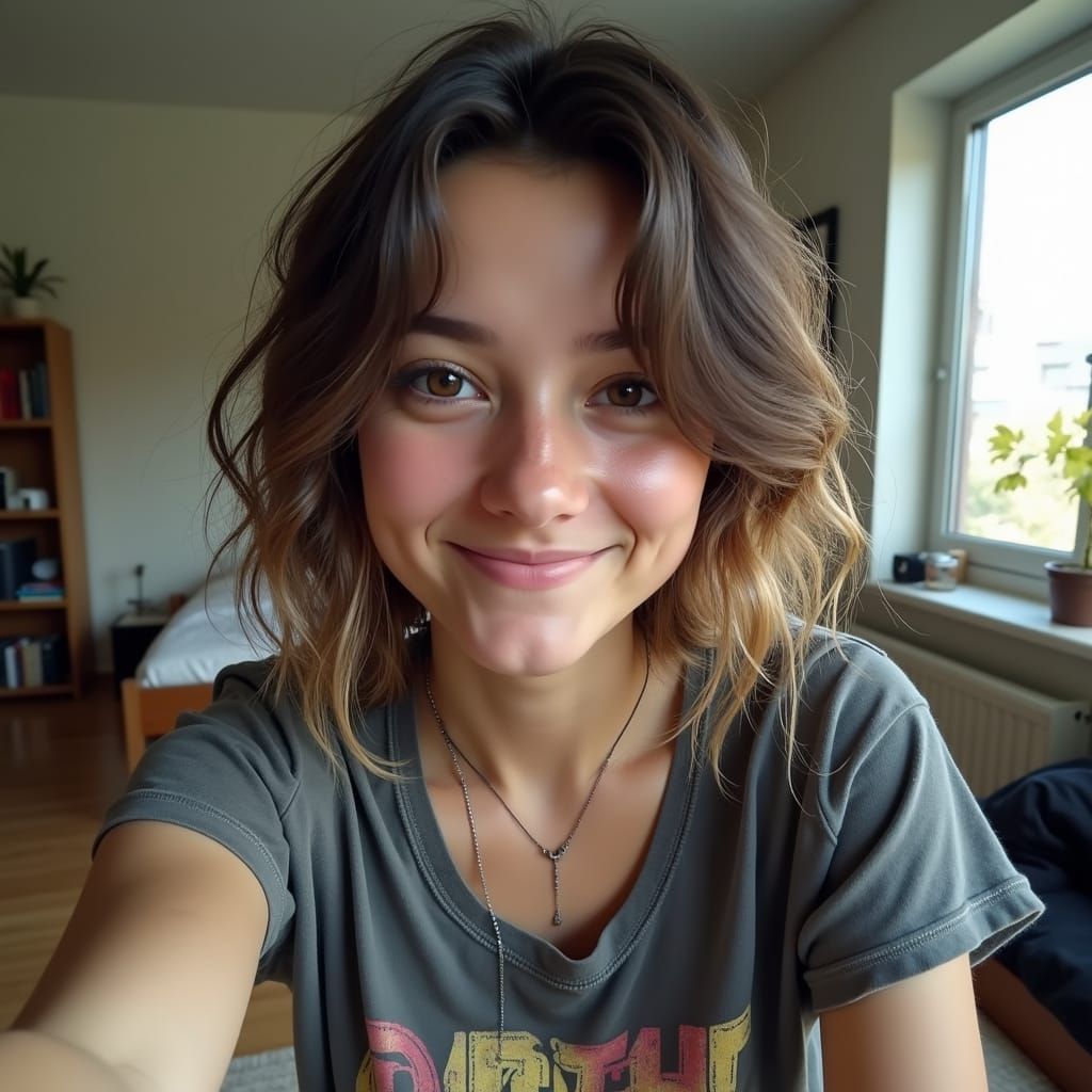 Photorealistic Selfie of Woman in Apartment, Digital Art