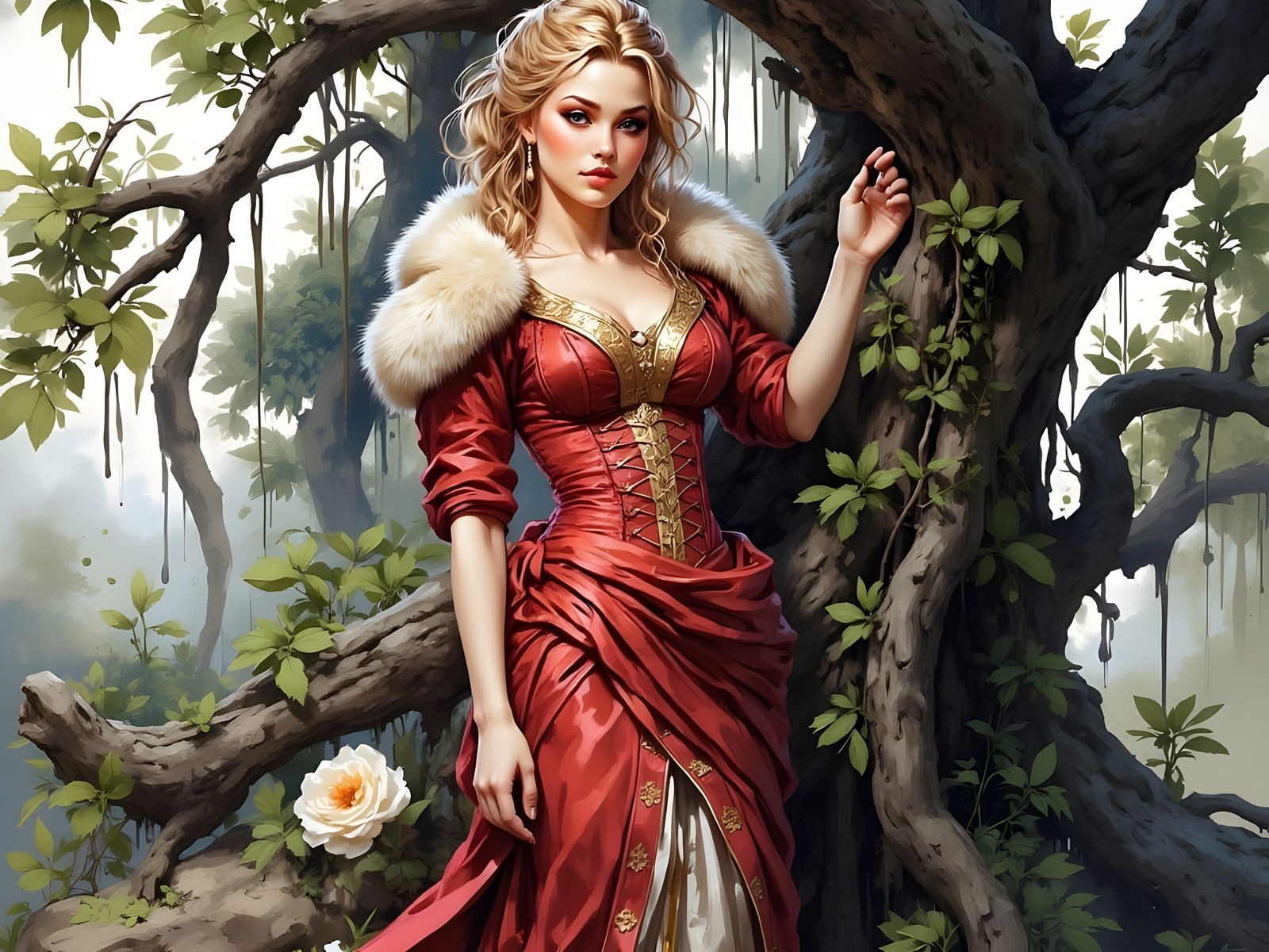 Attractive Strawberry Blonde in Red Dress and Shawl