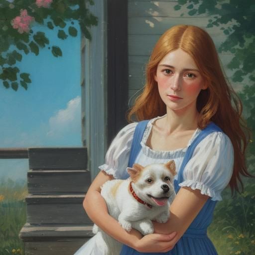Girl with Dog: Impressionist Gouache Style Painting
