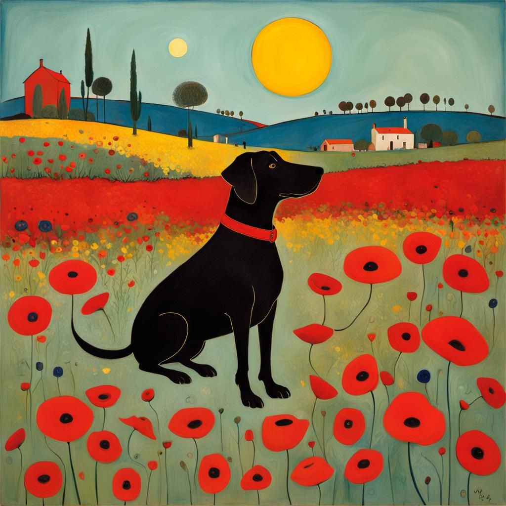 Dog Amongst Poppies, Modern Abstract Style