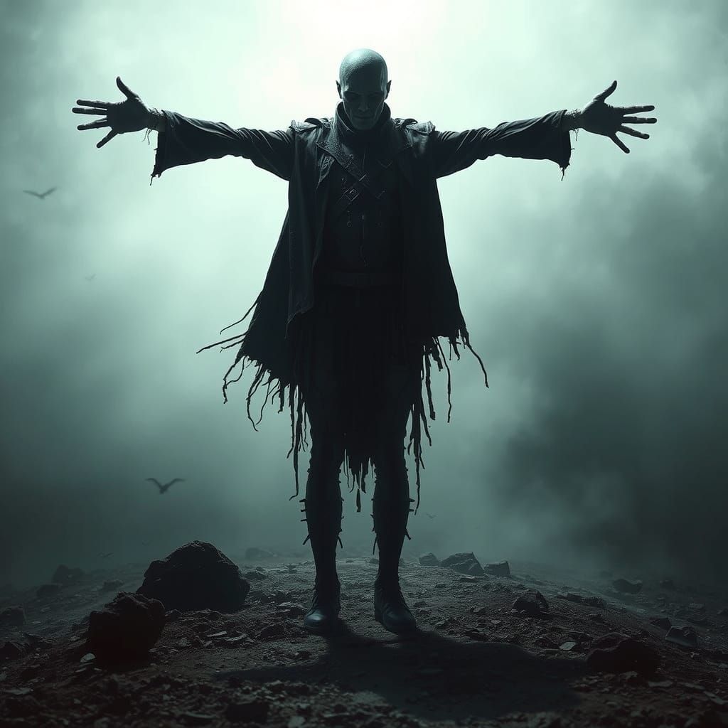 Figure Torn Between Worlds in Surreal Landscape