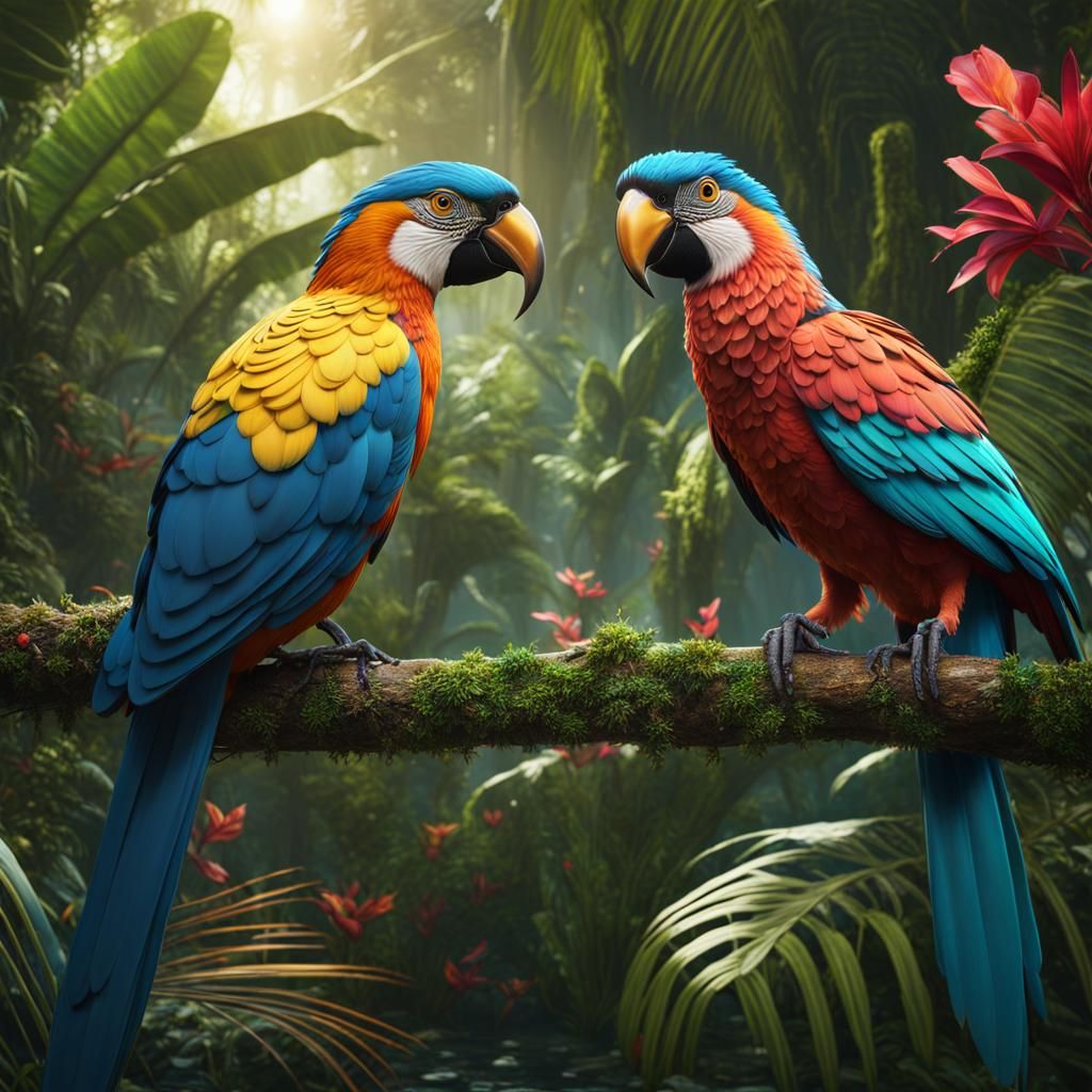 Detailed Matte Painting of Tropical Birds