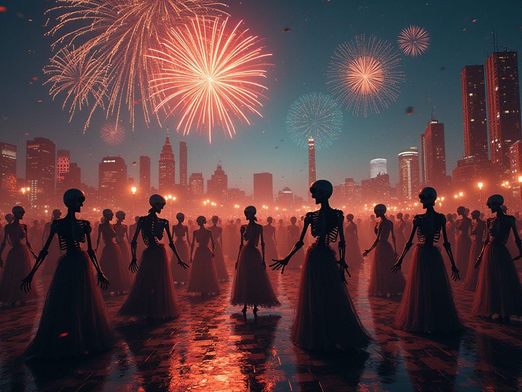 Skeletons and Ghosts Dancing in Gowns Amidst Fireworks