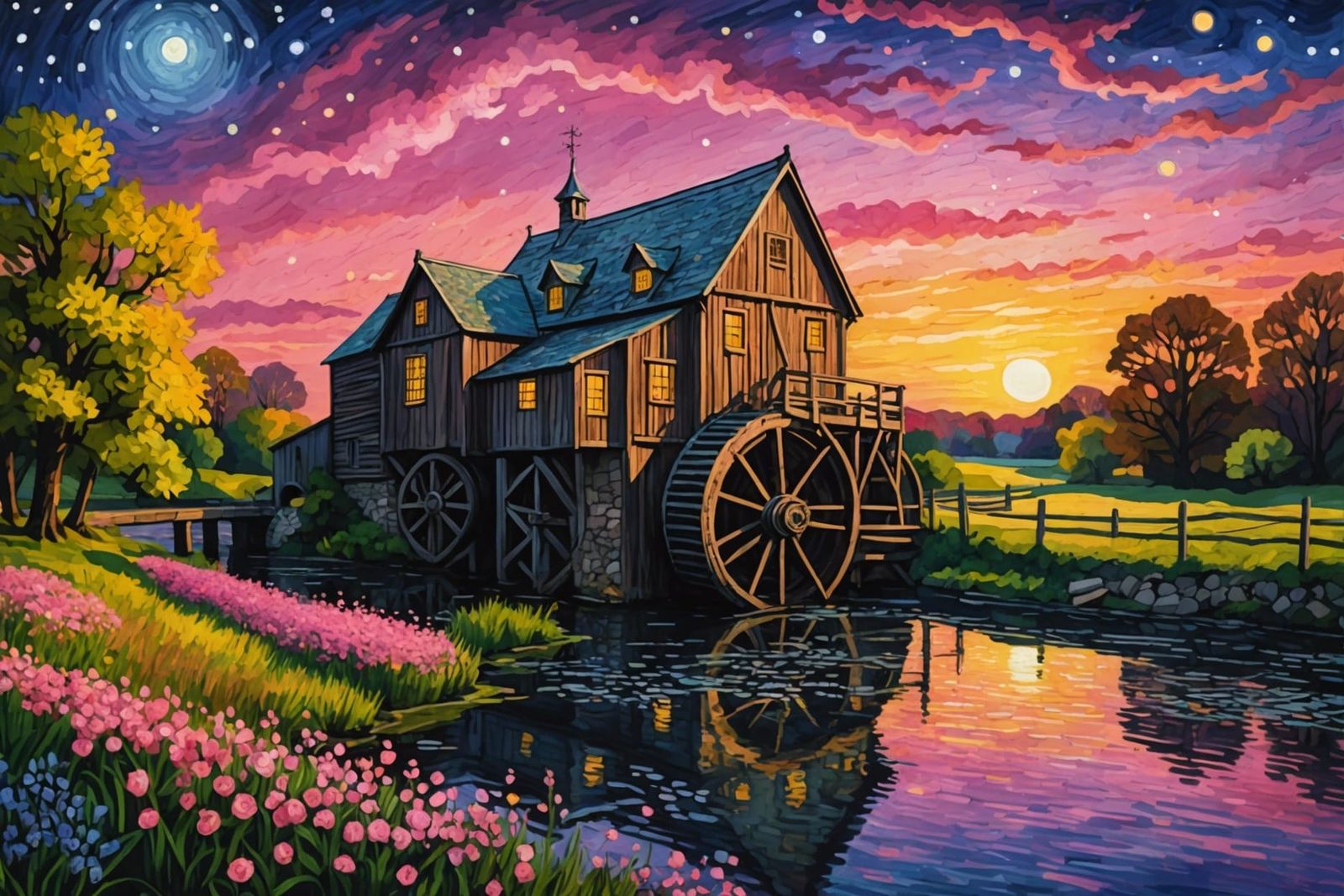 River Watermill with Pink Flowers in Gothic Watercolor