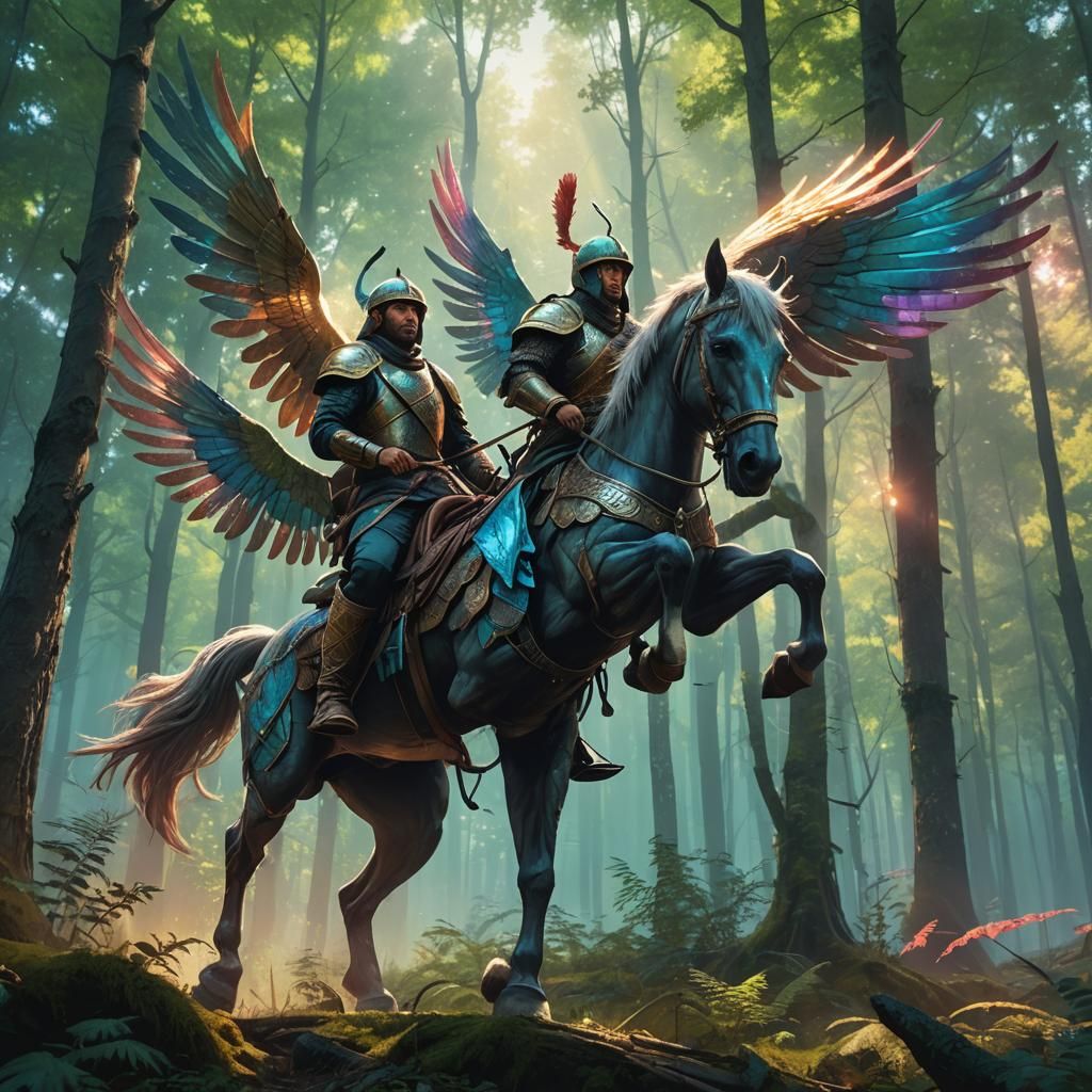 Chechen Warrior on Winged Horse in Mystical Forest