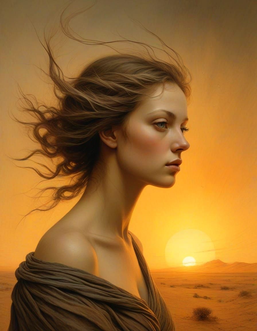 Ethereal Angel in Windswept Desert Landscape at Sunset
