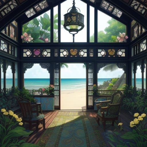 Ornate Beach House Villa with Seashell Carvings in Lush Gard...