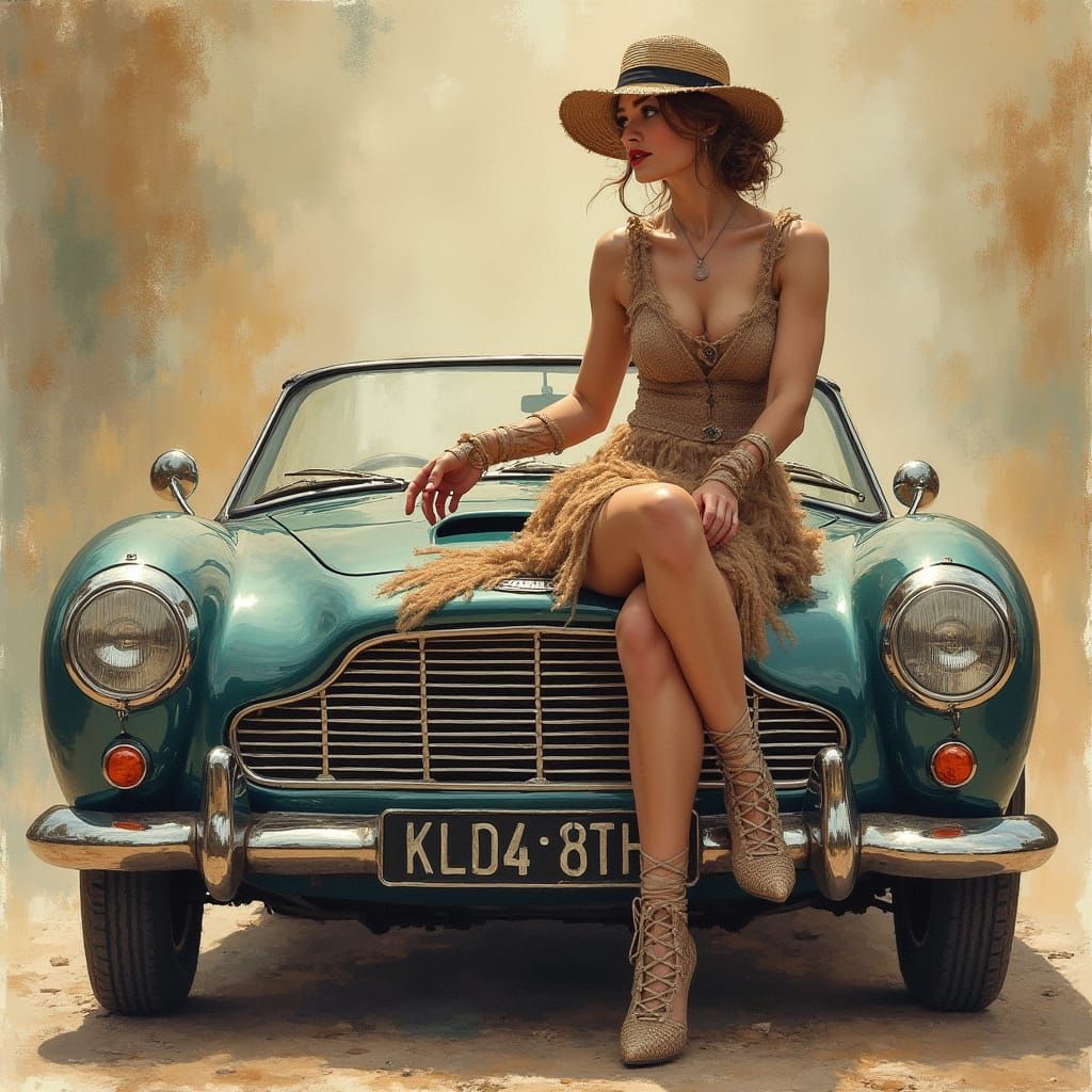 Steampunk Woman in 1920s Attire on Vintage Car