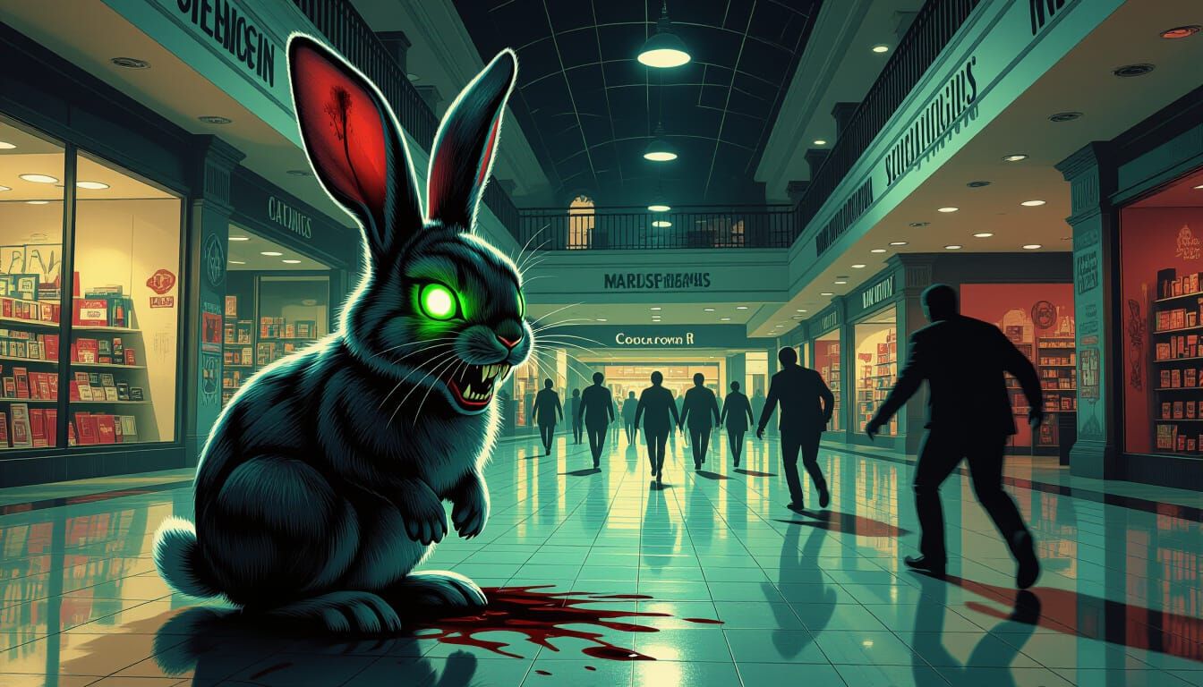 Gothic Horror Bunny Rabbit in Dark Shopping Mall