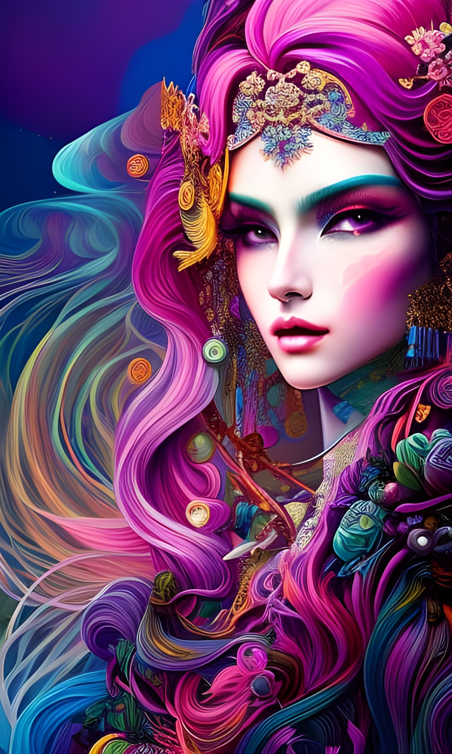 Harajuku Woman with Neon Beads, Digital Art