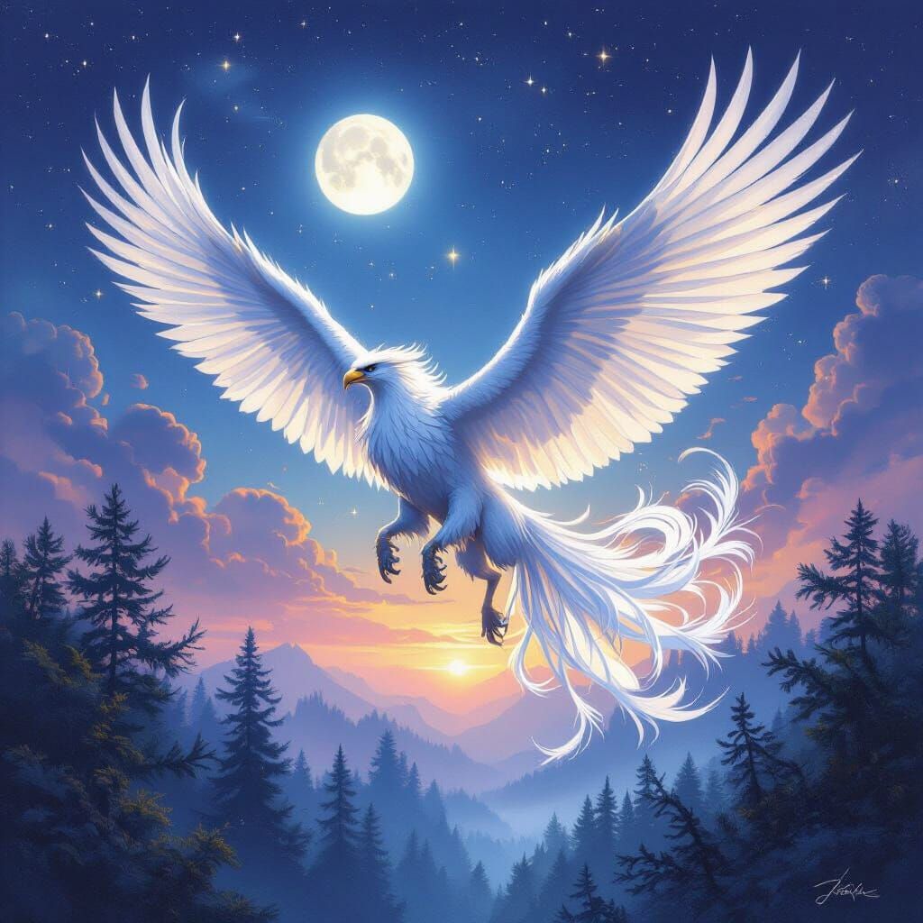 Griffin Soaring Through Twilight Sky in Airbrush Style