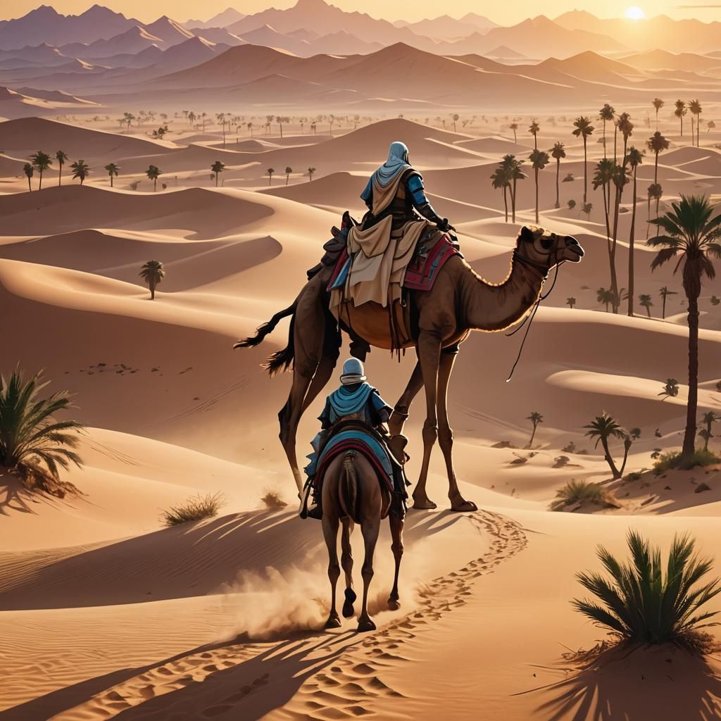 Anime Camel Knight Rides at Sunset