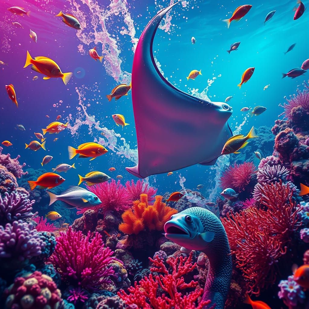 Vibrant Oceanic Scene with Multicolored Marine Life